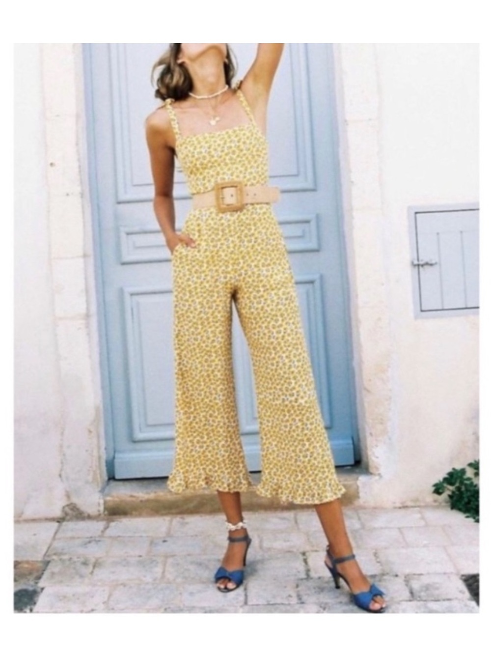 Faithfull the Brand Yellow Floral Square-Neck Cropped Jumpsuit